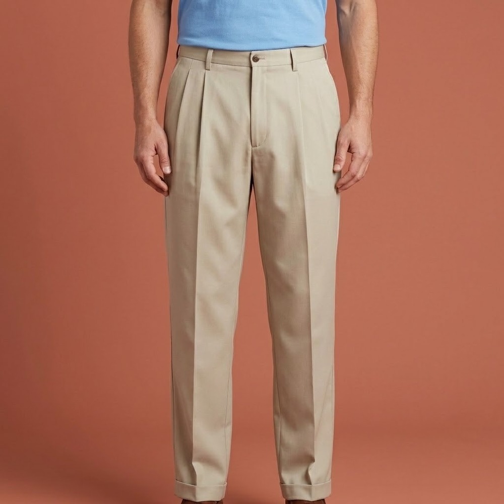 Haggar Cool 18 Pleated Front Chino Pants Mens Beige Tan Cuffed EUC